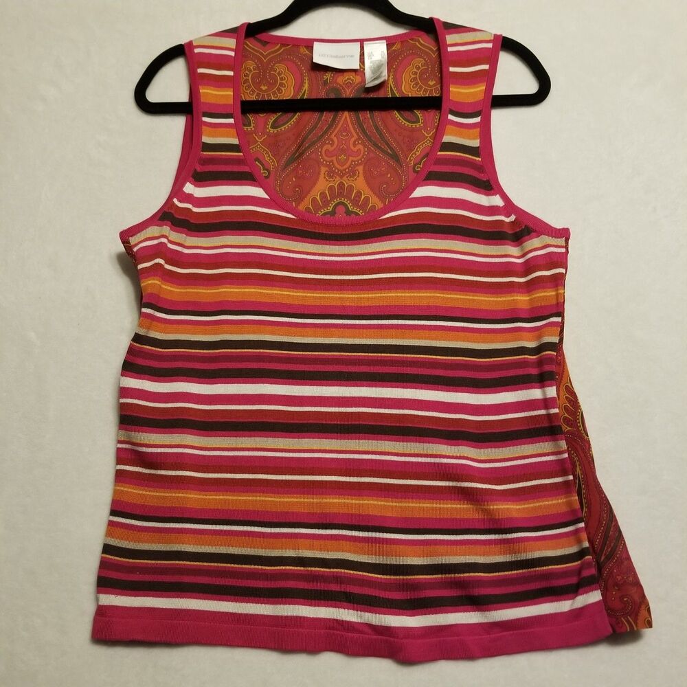 Liz Claiborne XL Top Tank Silk Pink Striped Knit Front Paisley Sheer Back Preppy